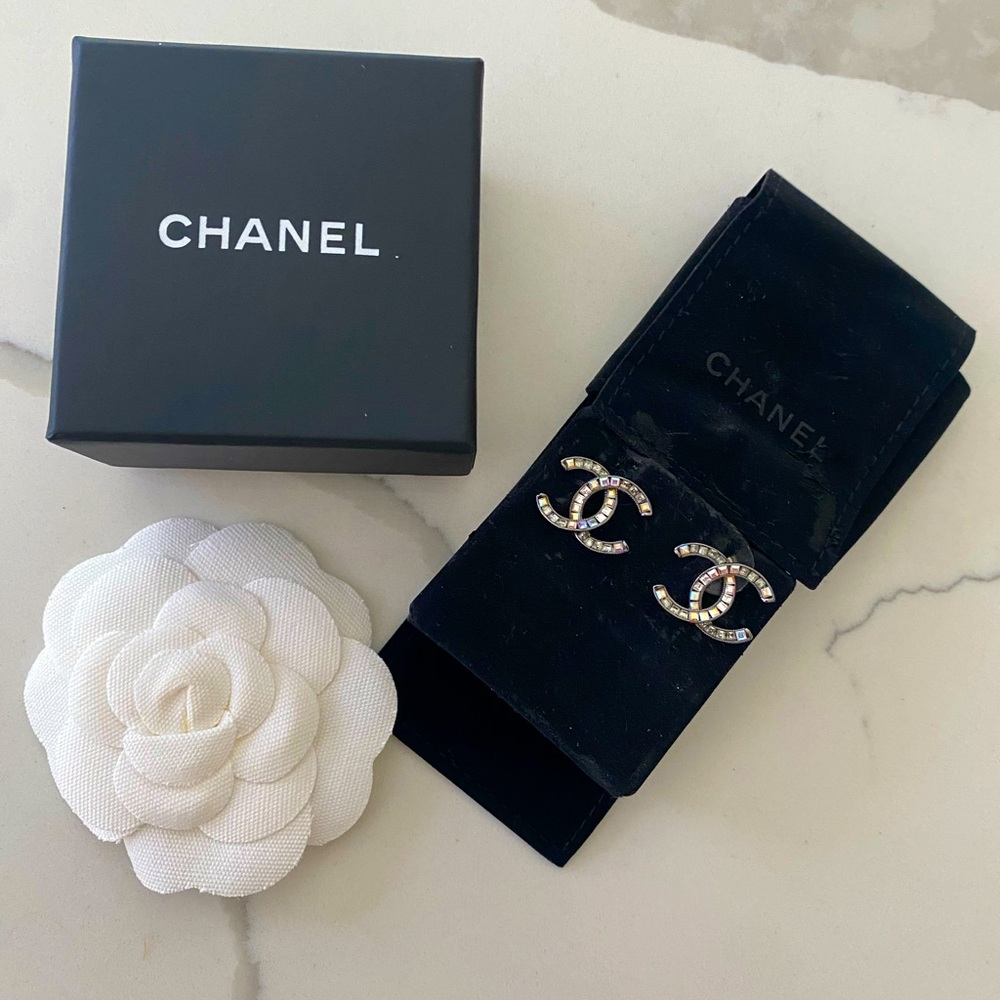 AUTHENTIC Chanel Crystal Embellished Logo Earrings